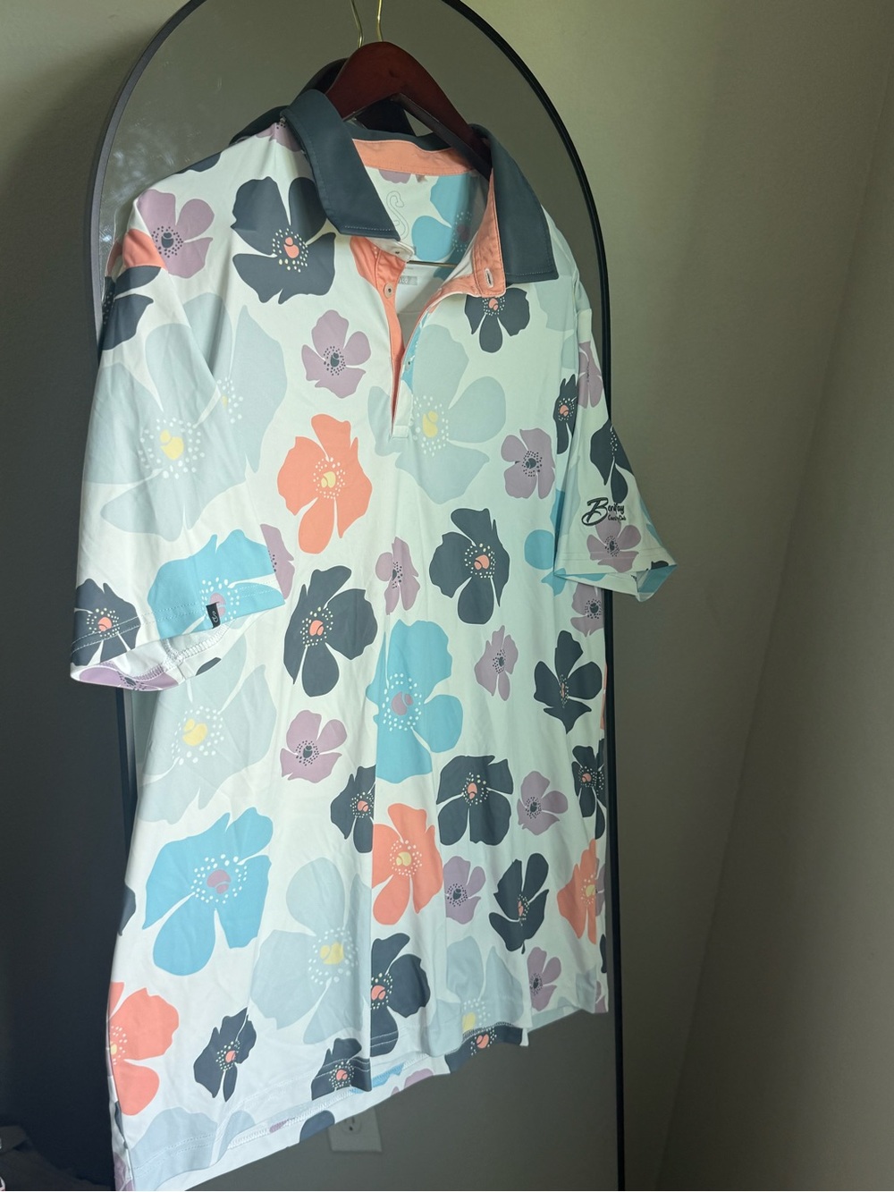 Swannies Polo Shirt Mens Large Golf White Floral Flower Shirt Sleeve Tech